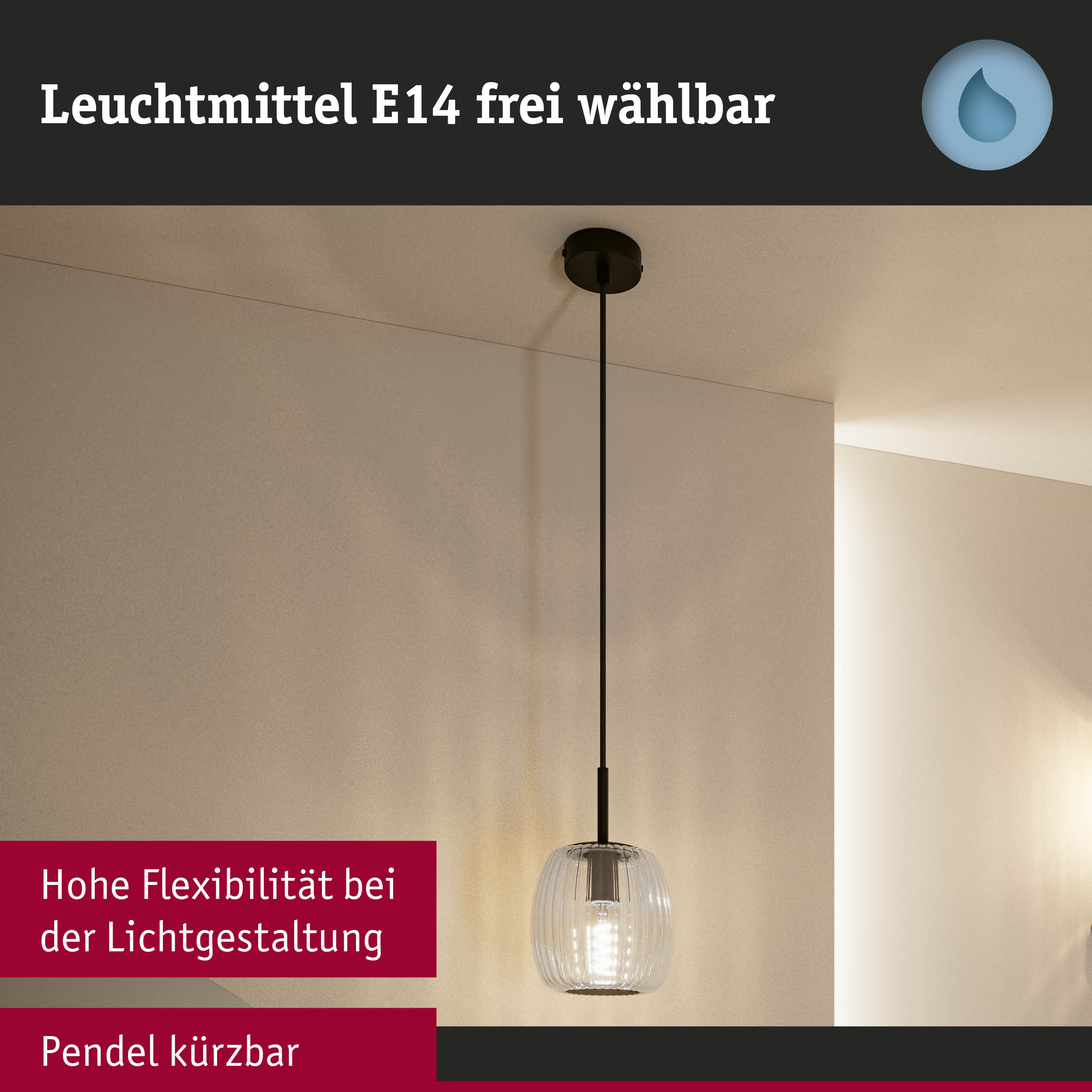 Pendelleuchte mit klarem geripptem Glas und schwarzem Kabel, flexibel kürzbar für individuelle Lichtgestaltung