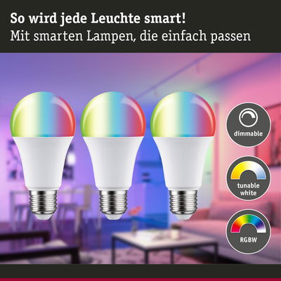 Drei smarte LED-Lampen mit RGBW-Farbwechsel und dimmbarer, einstellbarer Weißlichtfunktion im Wohnzimmer.