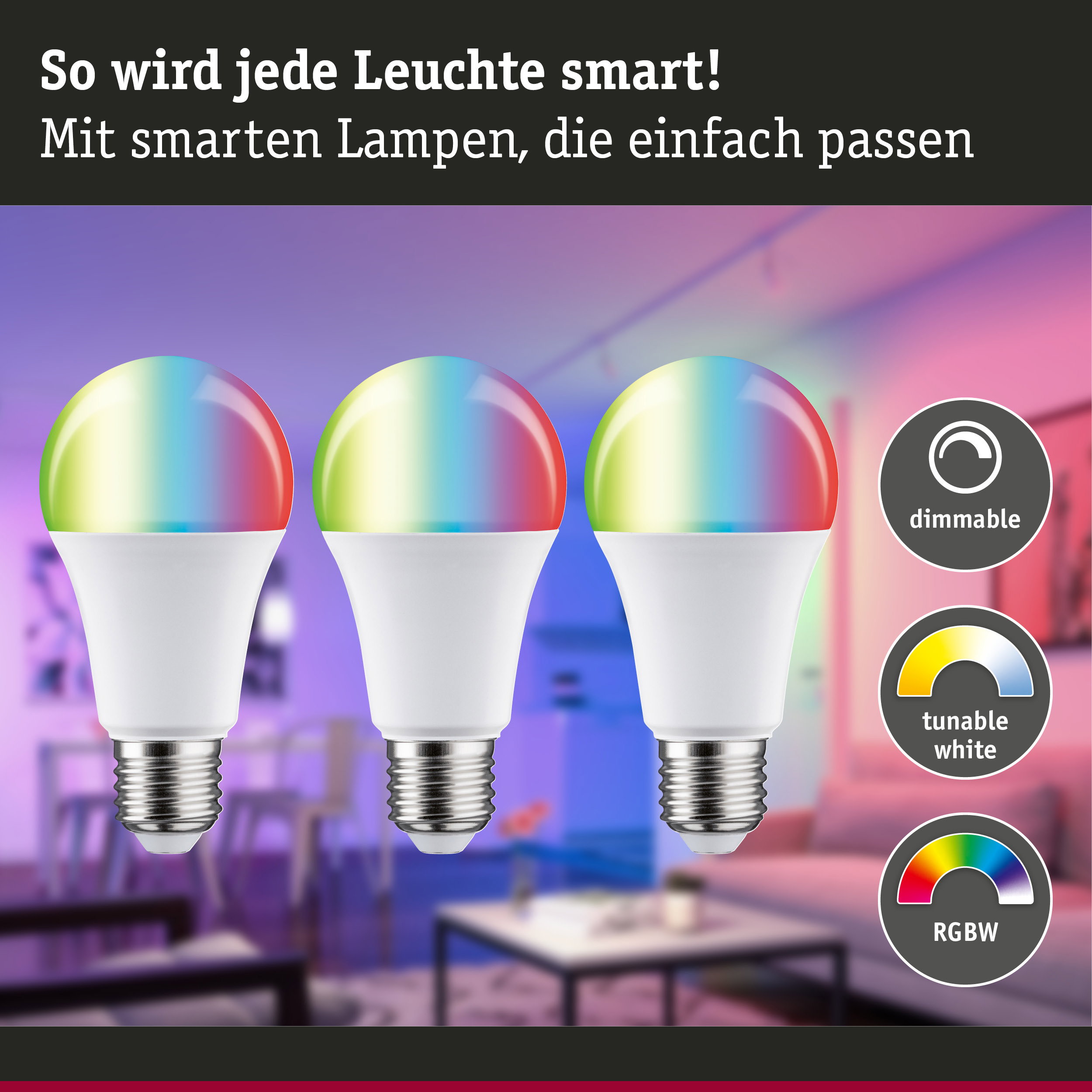 Drei dimmbare RGBW LED-Lampen mit weißem Sockel und buntem Leuchtkopf für smarte Beleuchtung