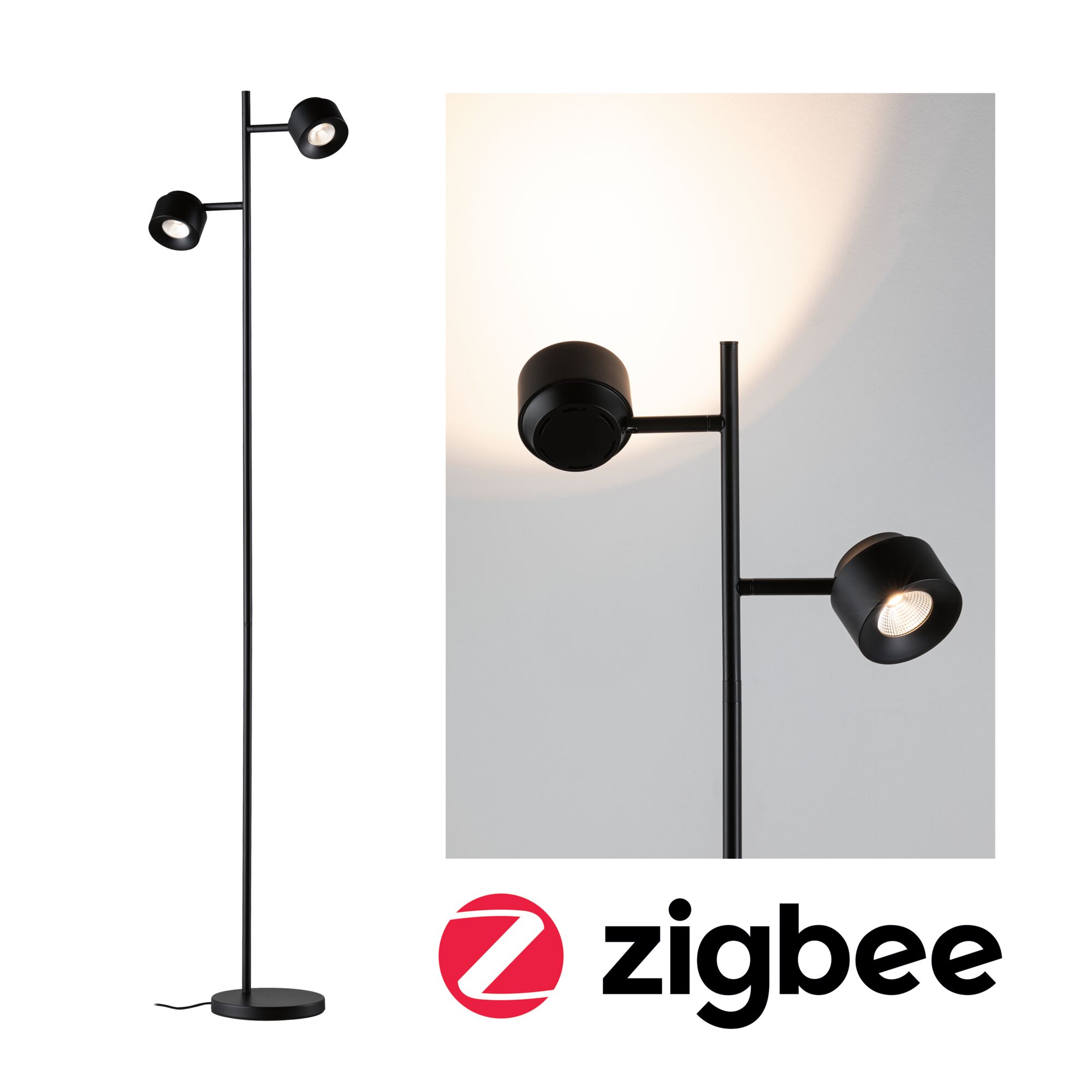 Black metal floor lamp with two adjustable spotlights and Zigbee smart lighting compatibility