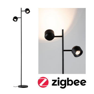 Black metal floor lamp with two adjustable spotlights and Zigbee smart lighting compatibility