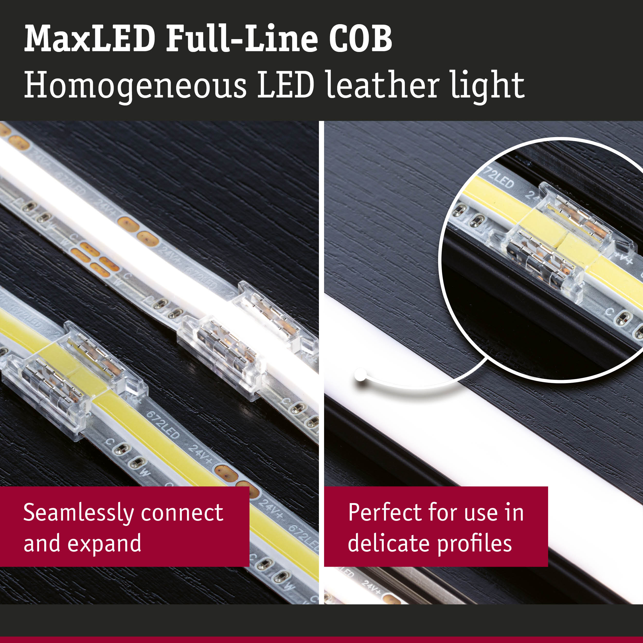 MaxLED Full-Line COB LED strip with homogeneous light on black surface for LED lighting
