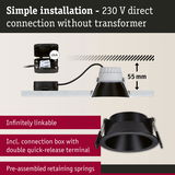 Black recessed spotlight with 55 mm depth, connection box and springs for easy 230 V direct installation