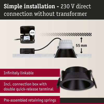 Black recessed spotlight with 55 mm depth, connection box and springs for easy 230 V direct installation