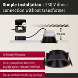 Black recessed spotlight with 55 mm depth, connection box and springs for easy 230 V direct installation