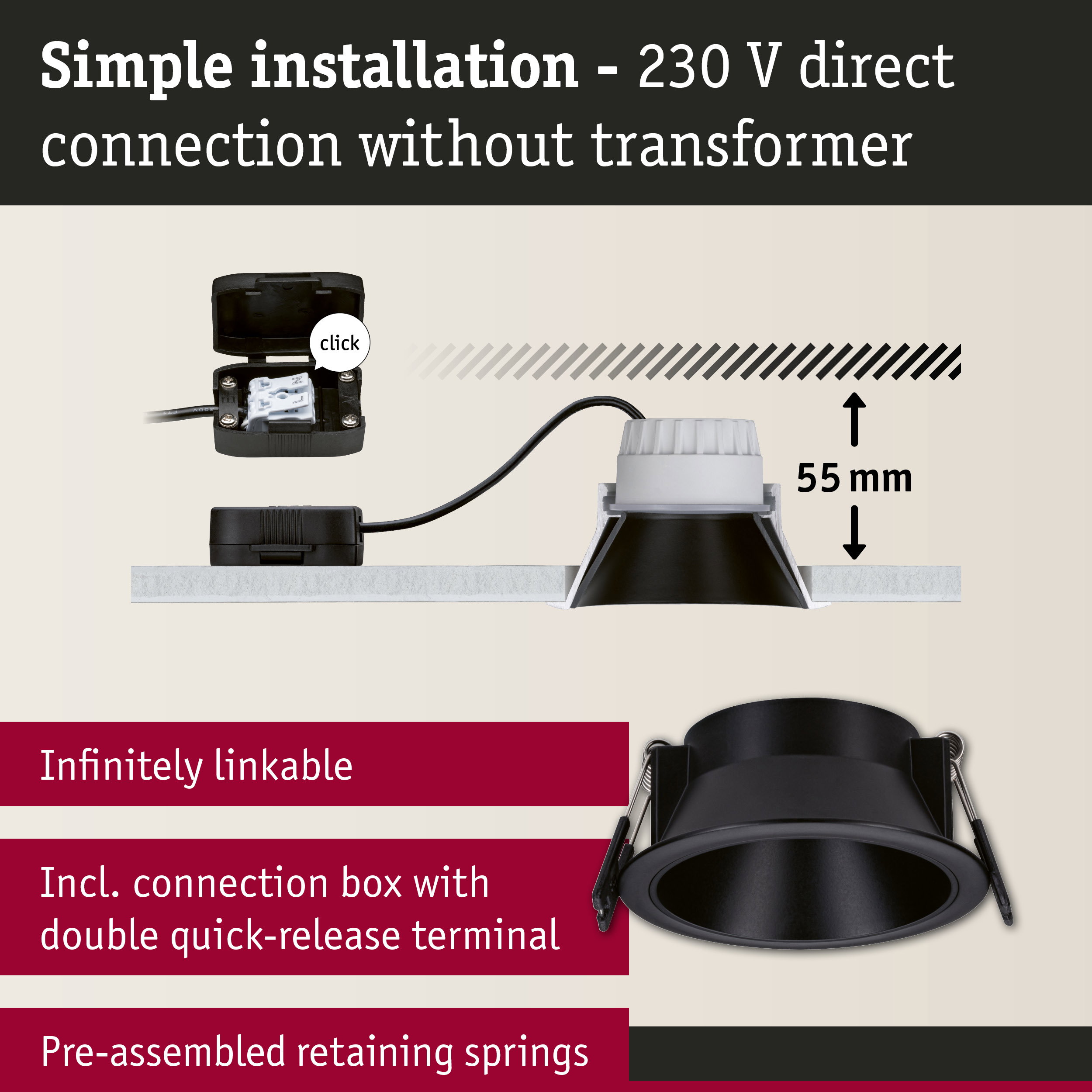 Black recessed spotlight with 55 mm depth and connection box for simple 230 V installation without transformer