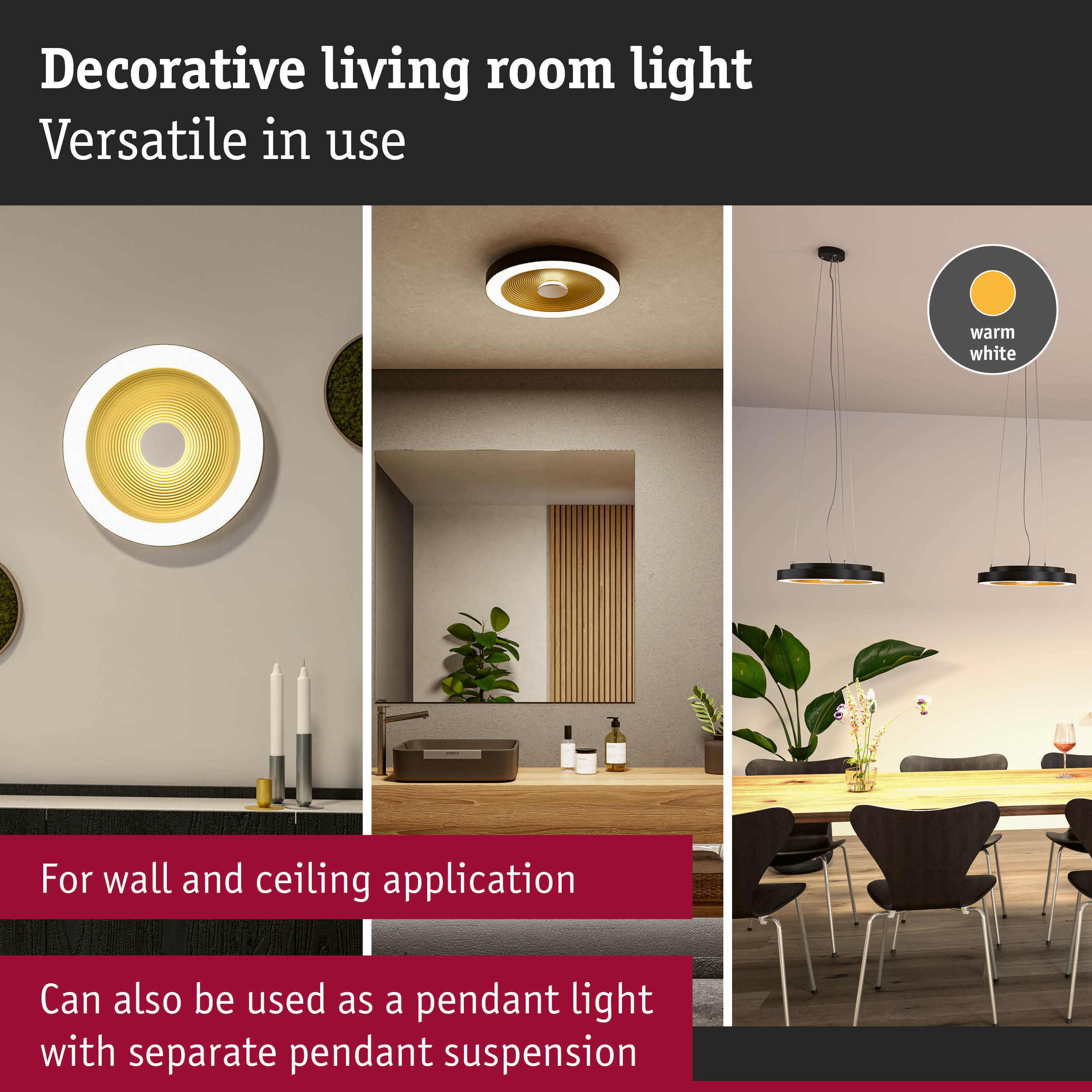 Decorative black living room light with warm white glow, versatile for wall and ceiling mounting or pendant use