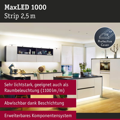 MaxLED 1000 LED Strip 2,5 m mit schutzbeschichtung in moderner Küche für helle Raumbeleuchtung