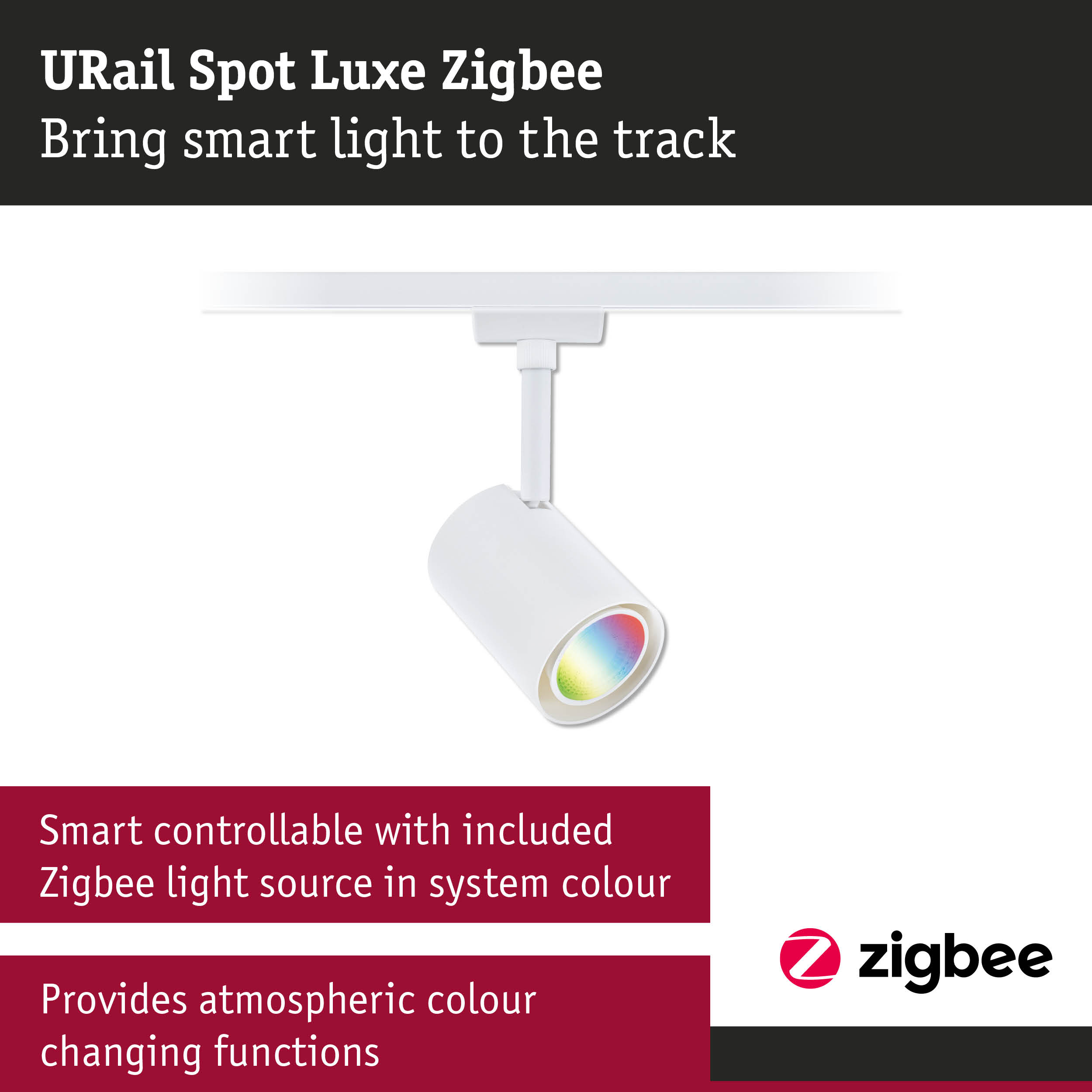 White URail Spot Luxe Zigbee LED track light with smart colour changing for rail lighting systems