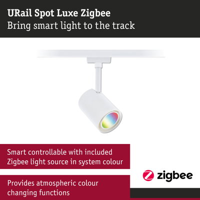 White URail Spot Luxe Zigbee LED track light with smart colour changing for rail lighting systems