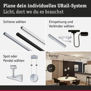 Modulares URail-Schienensystem mit weißen und schwarzen Schienen, Steckern und Spots für individuelle Lichtplanung