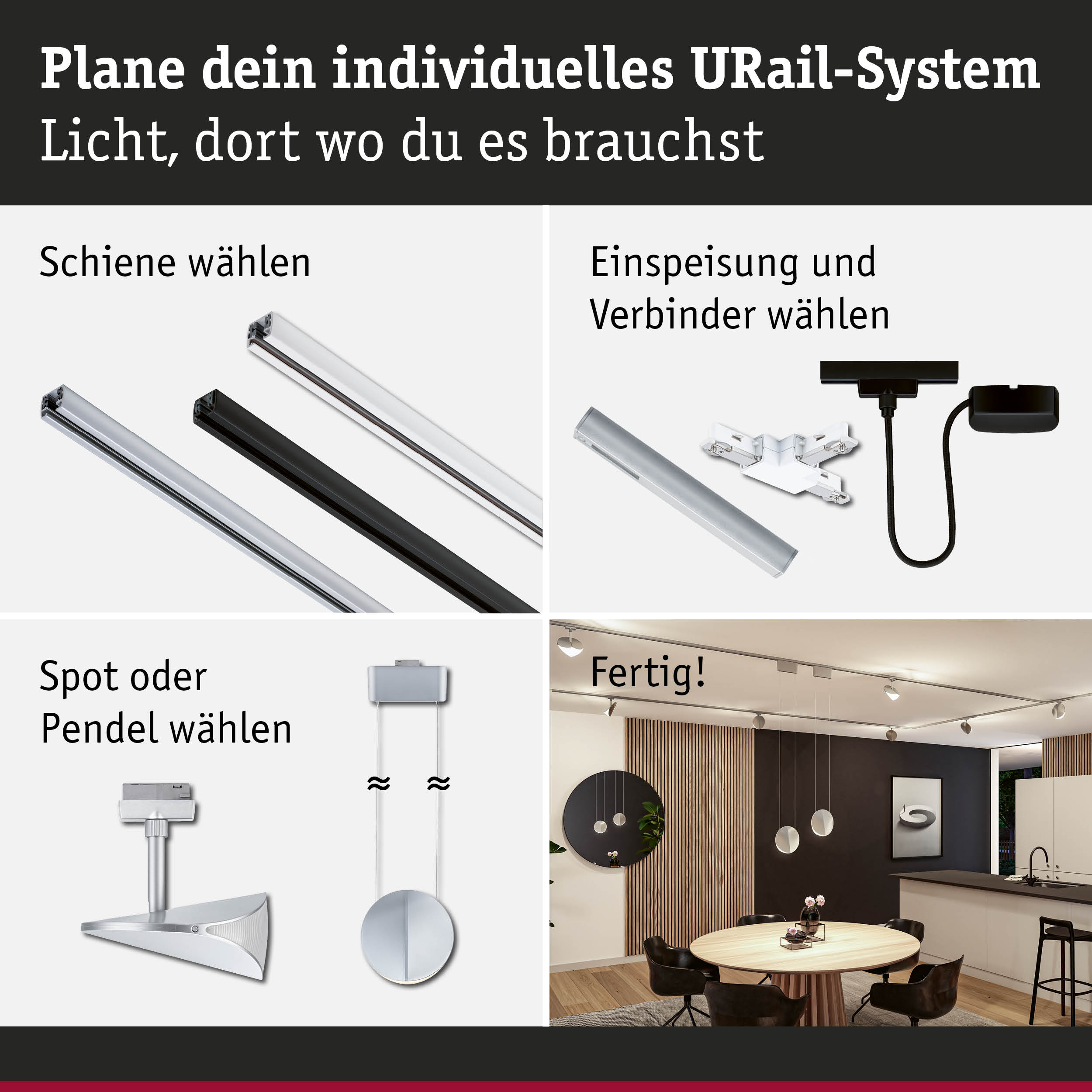 Modulares URail-Schienensystem mit weißen und schwarzen Schienen, Steckern und Spots für individuelle Lichtplanung