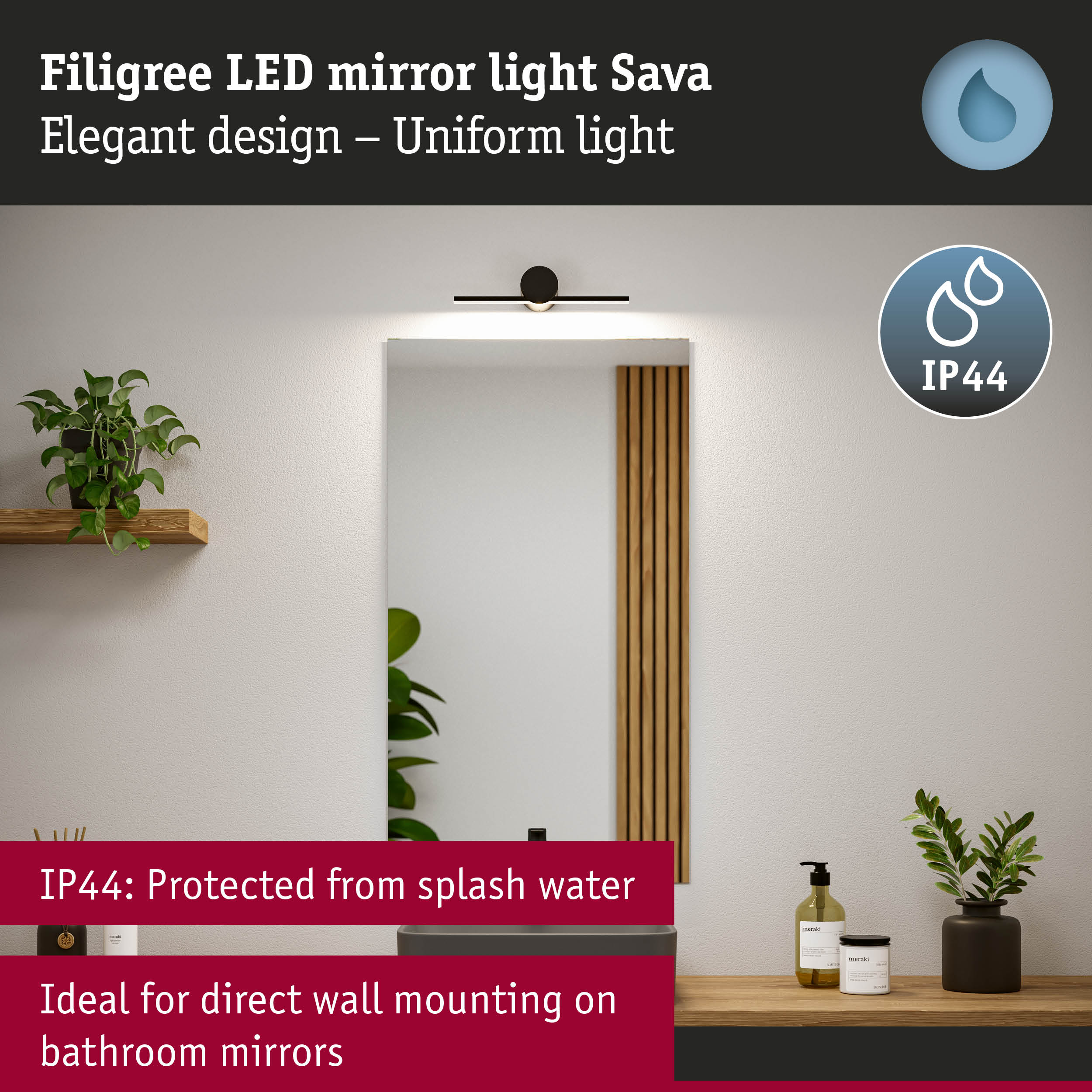Filigree black LED mirror light Sava with IP44 splash protection for bathroom wall mounting