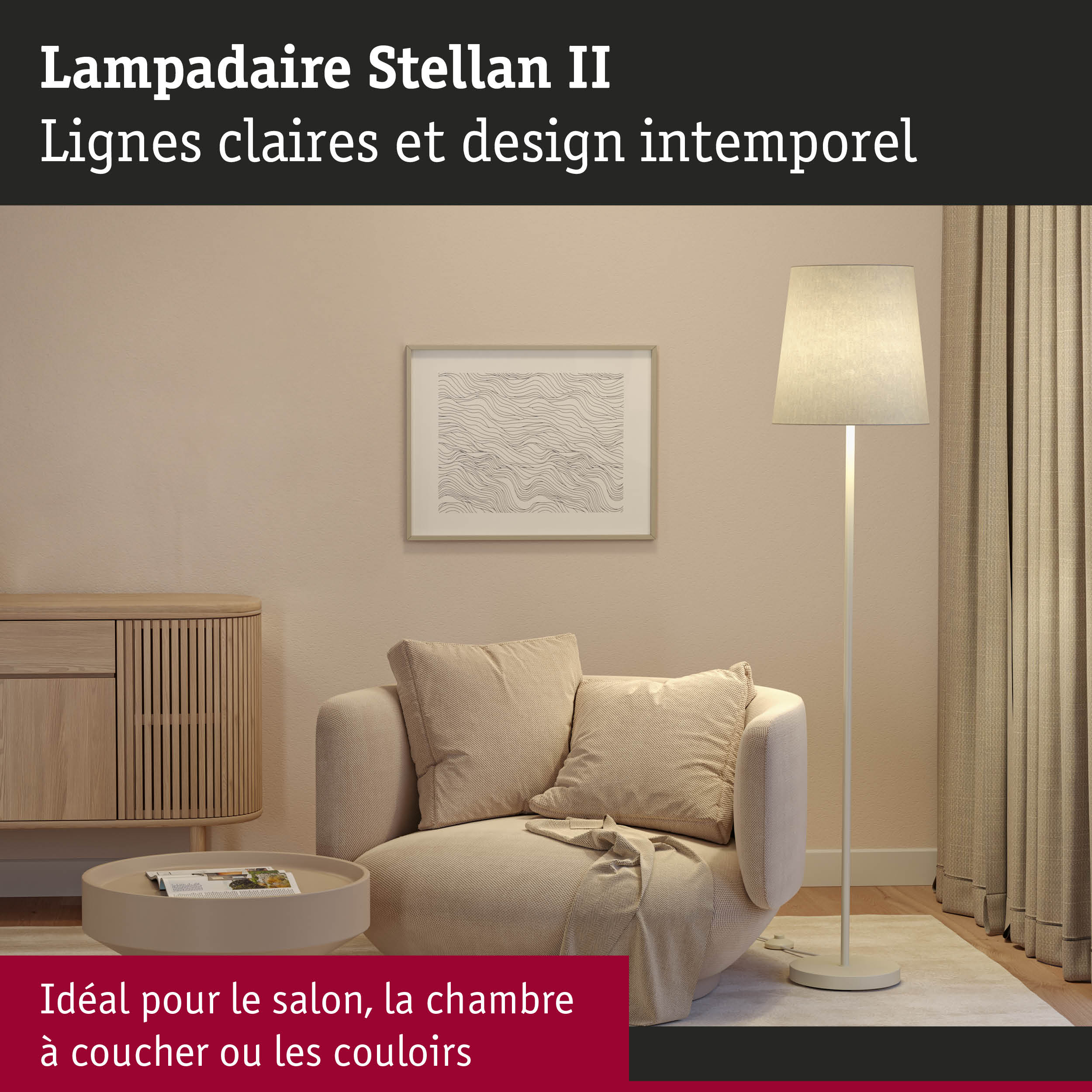 Lampadaire beige Stellan II avec abat-jour en tissu dans un salon avec fauteuil et buffet en bois
