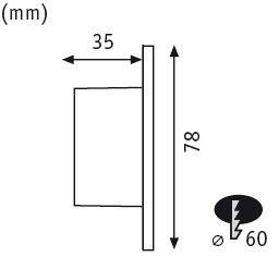 Teknisk tegning med mål 35 mm bredde og 78 mm højde af et rundt lampehus.