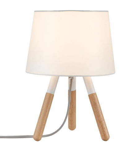 Moderne tafellamp met witte stoffen kap en houten poten, decoratieve woonverlichting