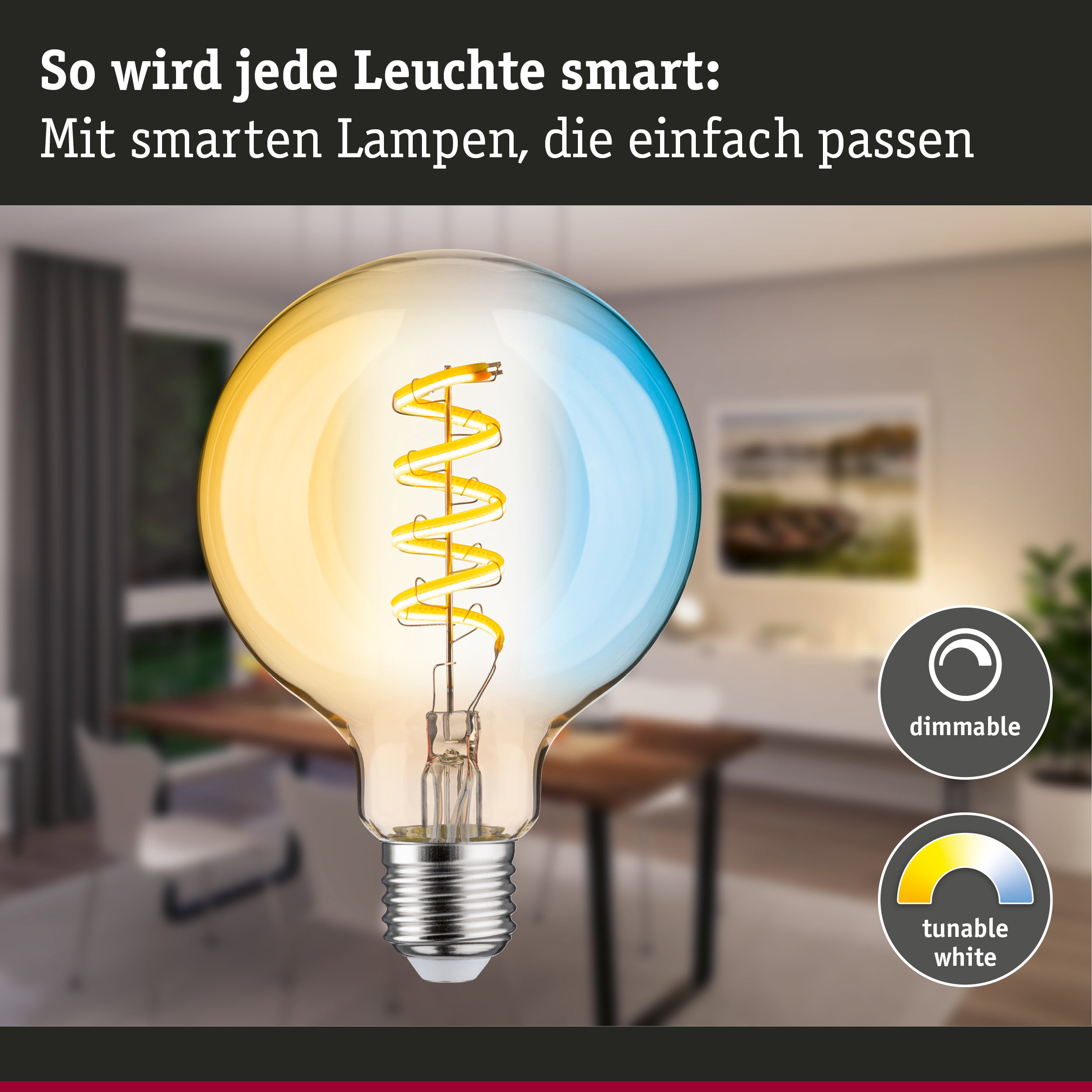 Glühbirne mit Spiralfaden in warmem Licht, dimmbar und weiß einstellbar für smarte Beleuchtung