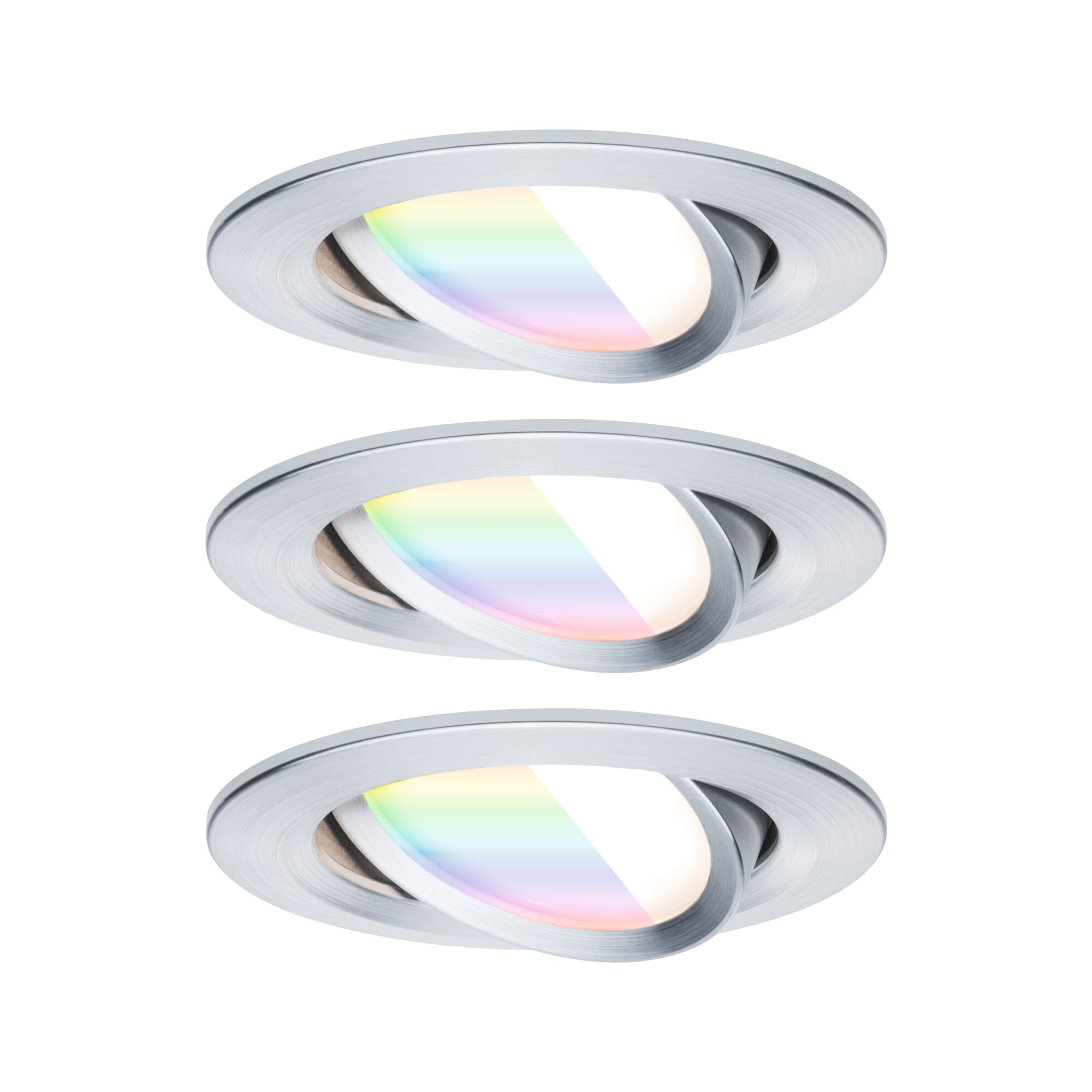 Three round recessed spotlights in brushed aluminum with adjustable LED light and color change feature.