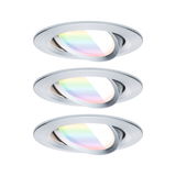Three round recessed spotlights in brushed aluminum with adjustable LED light and color change feature.