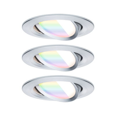 Three round recessed spotlights in brushed aluminum with adjustable LED light and color change feature.