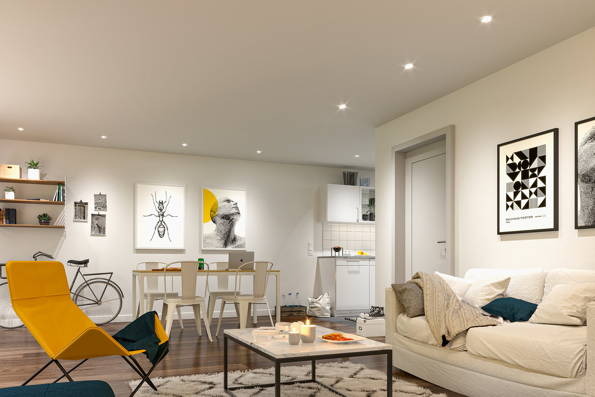 Salon moderne avec fauteuil jaune, canapé blanc et éclairage LED minimaliste au plafond pour une ambiance chaleureuse