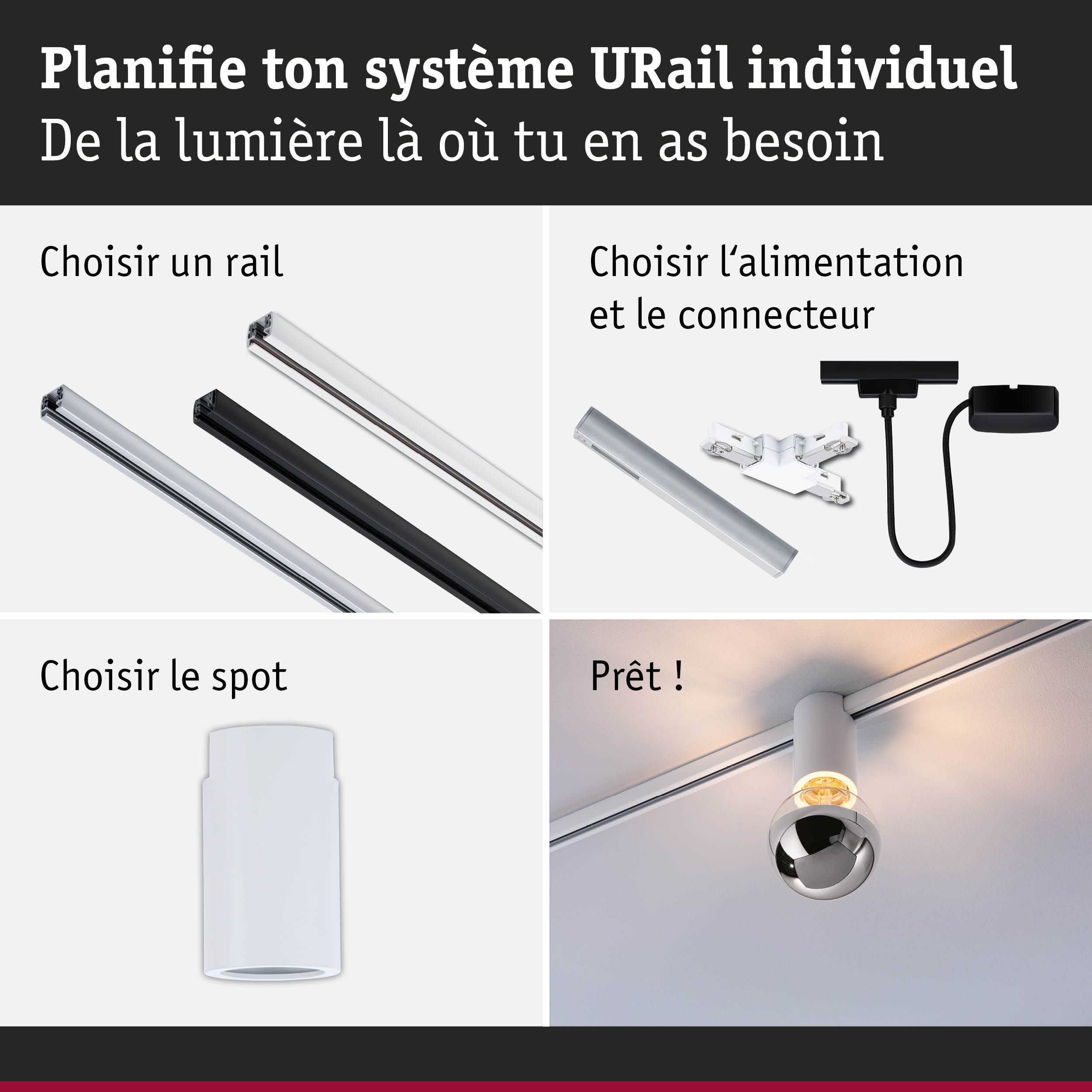 Système de rail URail modulaire en aluminium noir et blanc pour éclairage LED flexible