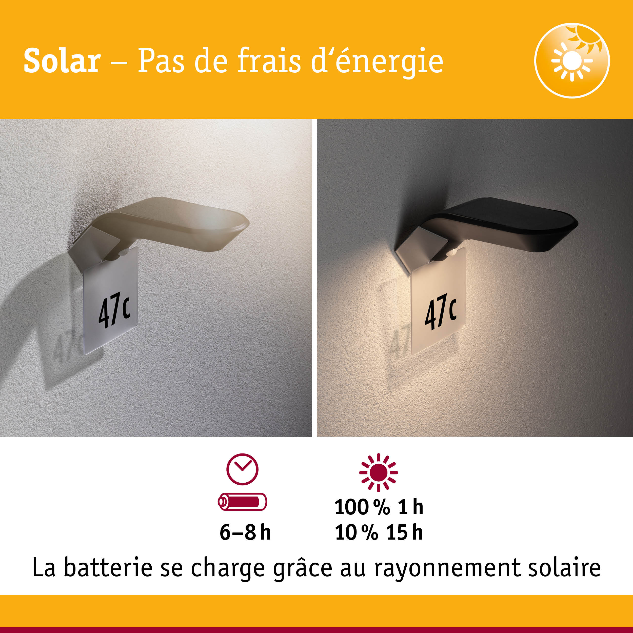 Applique murale extérieure solaire noire avec numéro 47c, éclairage LED économique pour extérieur