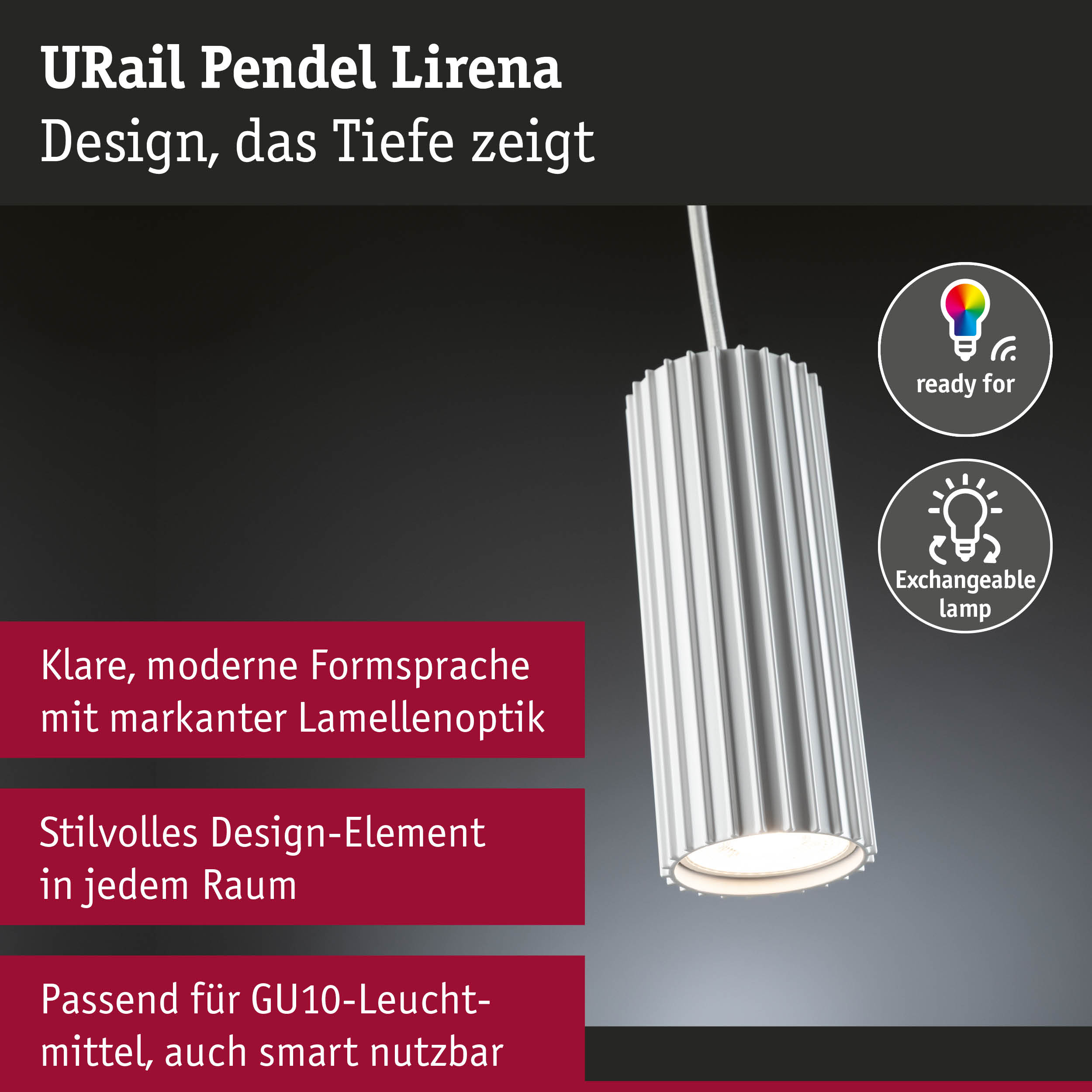 URail Pendel Lirena Pendelleuchte in Weiß mit markanter Lamellenoptik und smartem GU10 Leuchtmittel