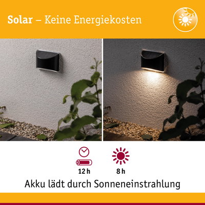 Schwarze Solar-Wandleuchte an weißer Wand mit Beleuchtung bei Nacht und Akku-Ladezeit 12 Stunden