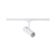 Weißer LED-Spot aus Metall an Schienensystem für moderne Innenbeleuchtung und Akzentlicht