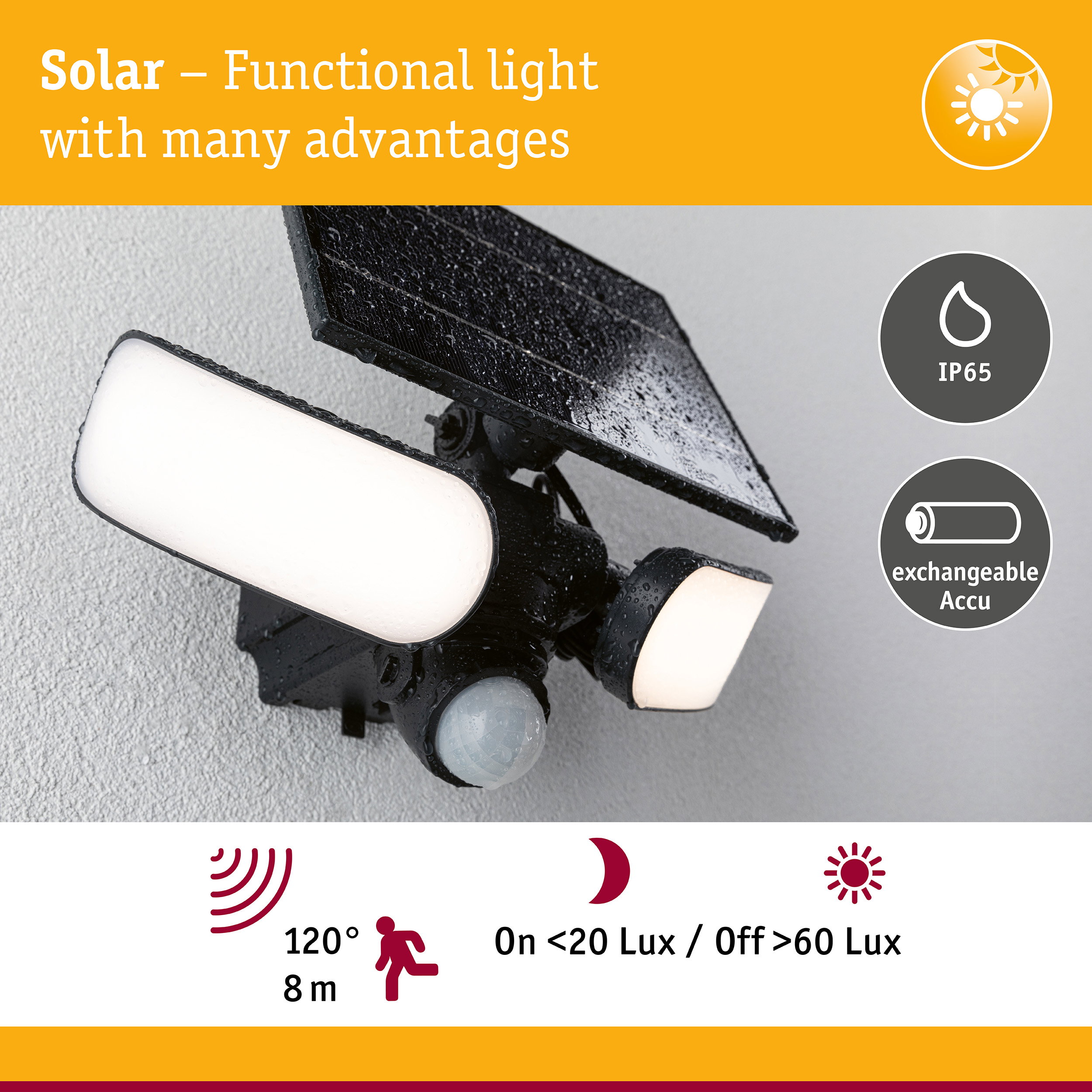 Black solar outdoor light with IP65 rating, replaceable battery and motion sensor for garden lighting
