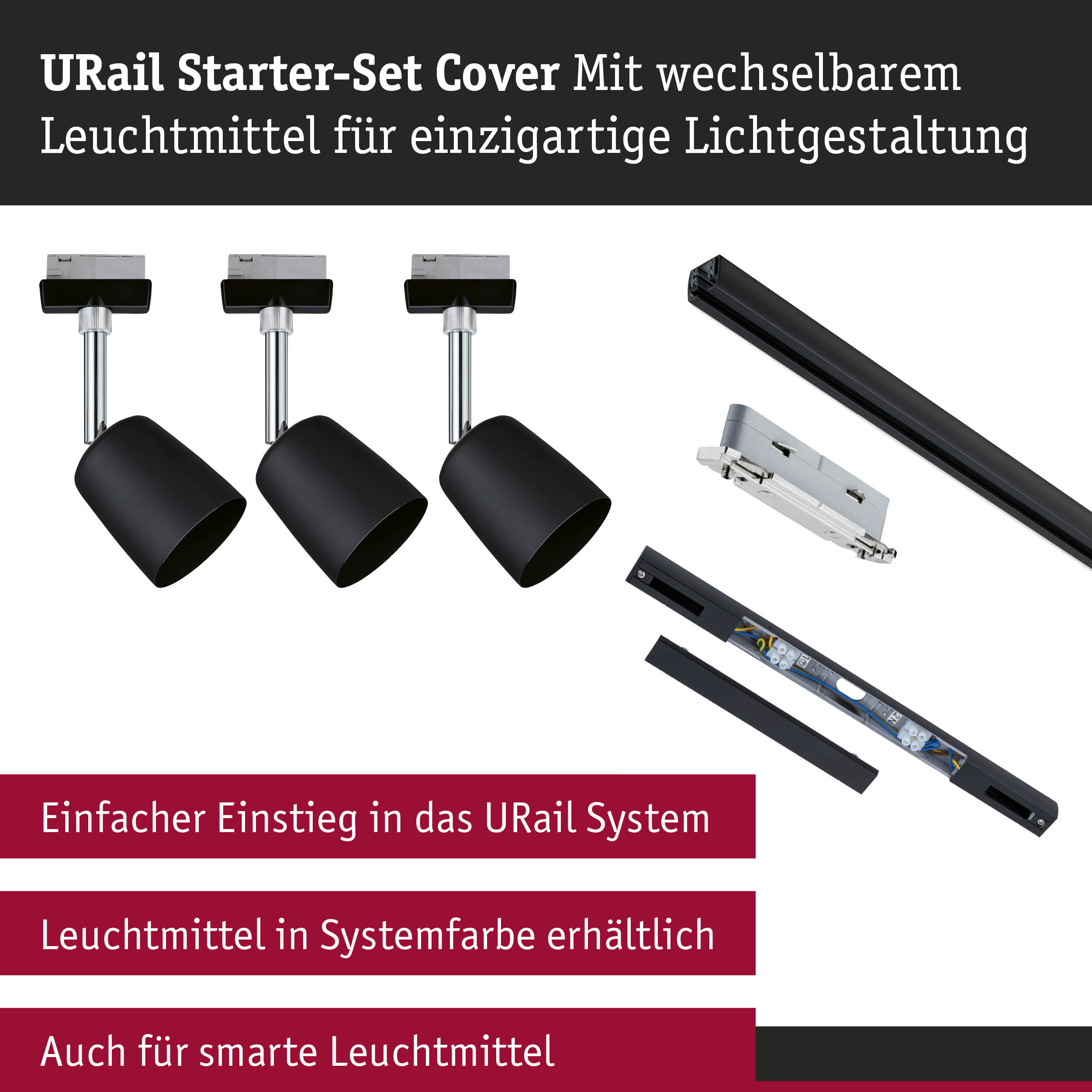 URail Starter-Set Cover mit schwarzen Metall-Leuchten und Schienen für flexible Lichtgestaltung