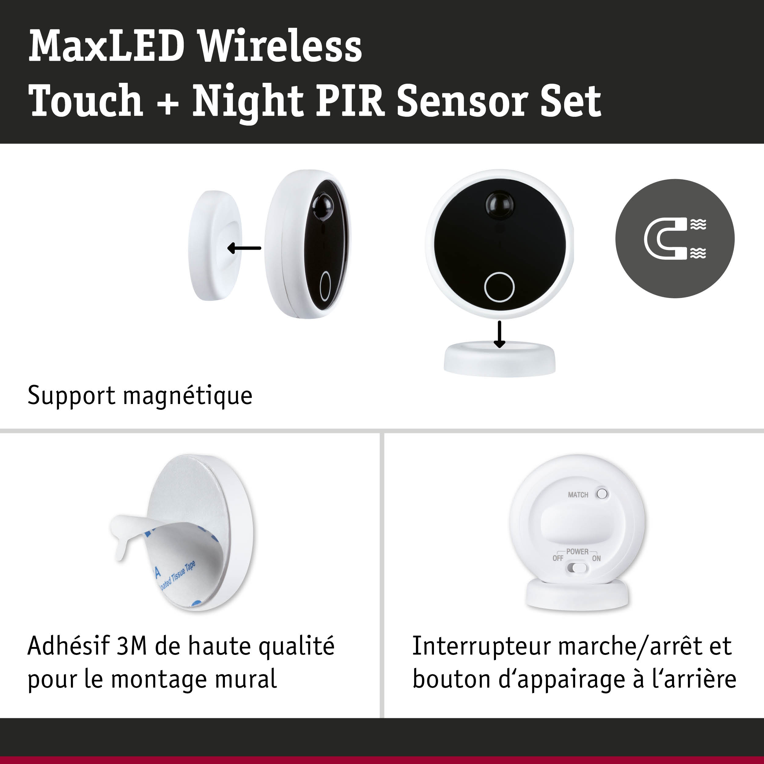 Set MaxLED Wireless Touch et Night PIR avec support magnétique et adhésif 3M pour montage mural