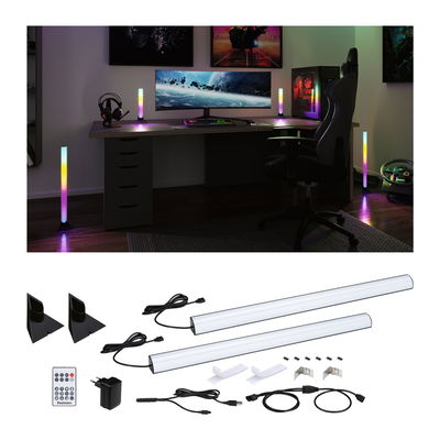 RGB LED light bars with remote and accessories for ambient gaming and PC lighting setup.