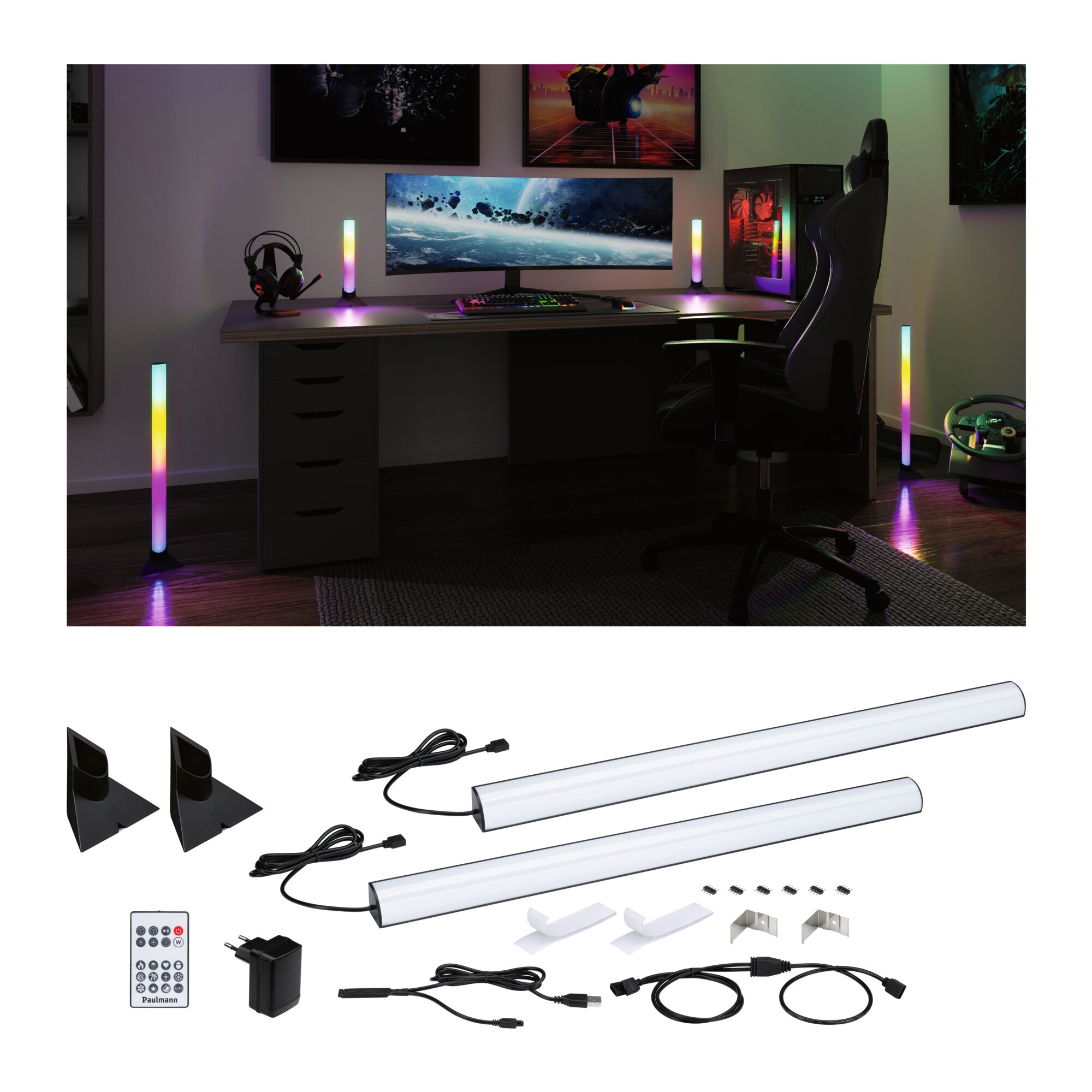 EntertainLED Lightbar Dynamic RGB 2x1W 2x48lm RGB Barres lumineuses LED RGB avec télécommande et accessoires pour éclairage d’ambiance gaming et PC.