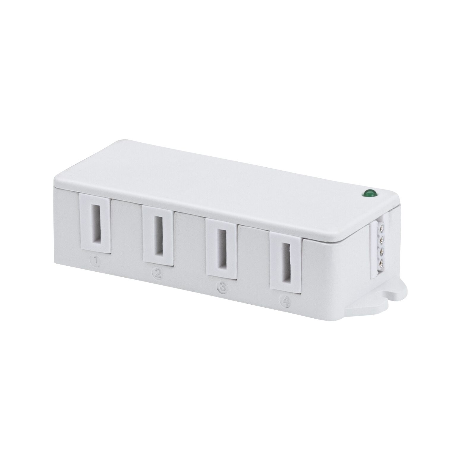 Boîtier de distribution en plastique blanc avec quatre emplacements et voyant vert pour connexions électriques