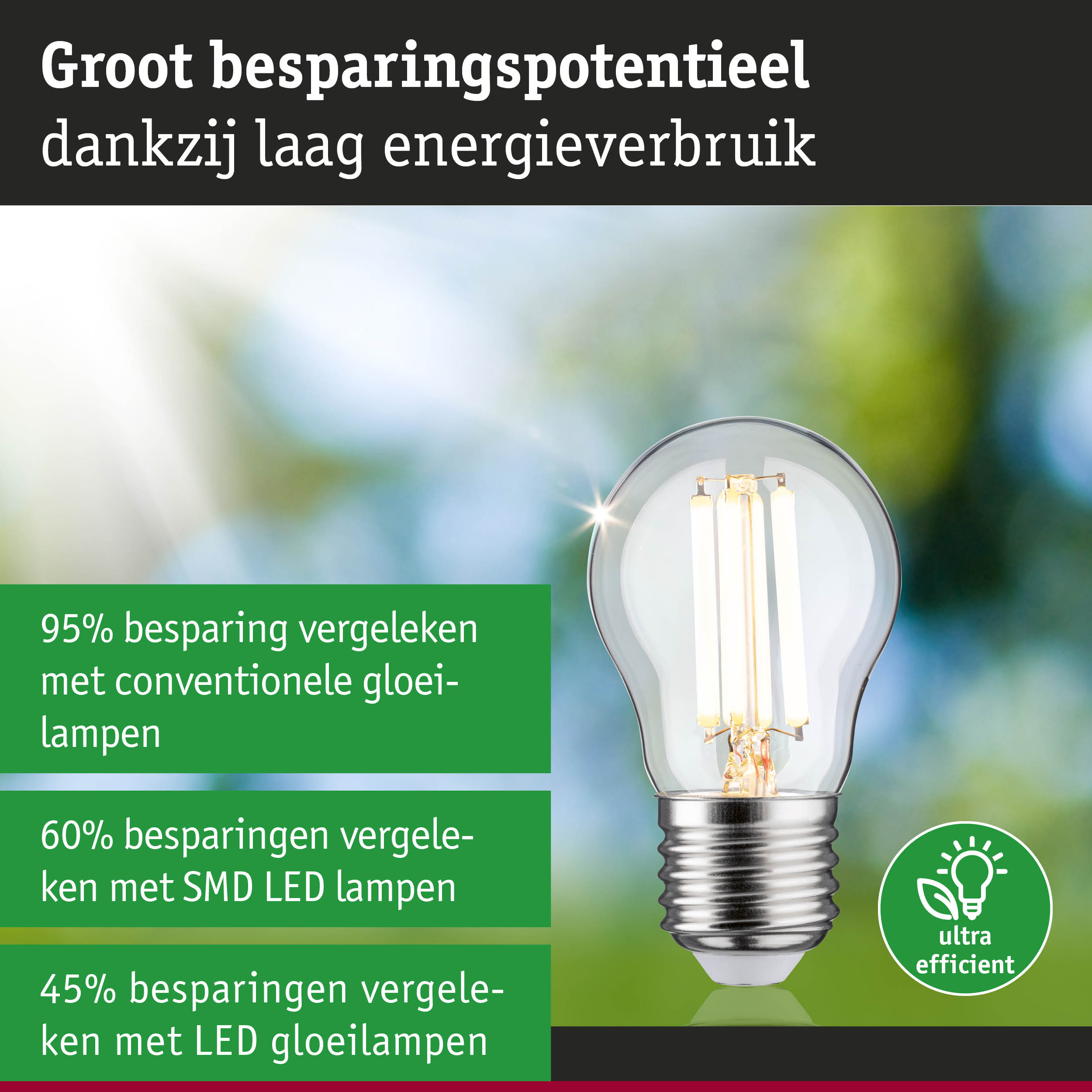 Energiezuinige LED-gloeilamp met helder glas en zilveren voetstuk tegen groen-blauwe achtergrond