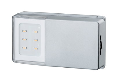 Rectangular silver metal LED wall light with six warm white LEDs for indoor lighting