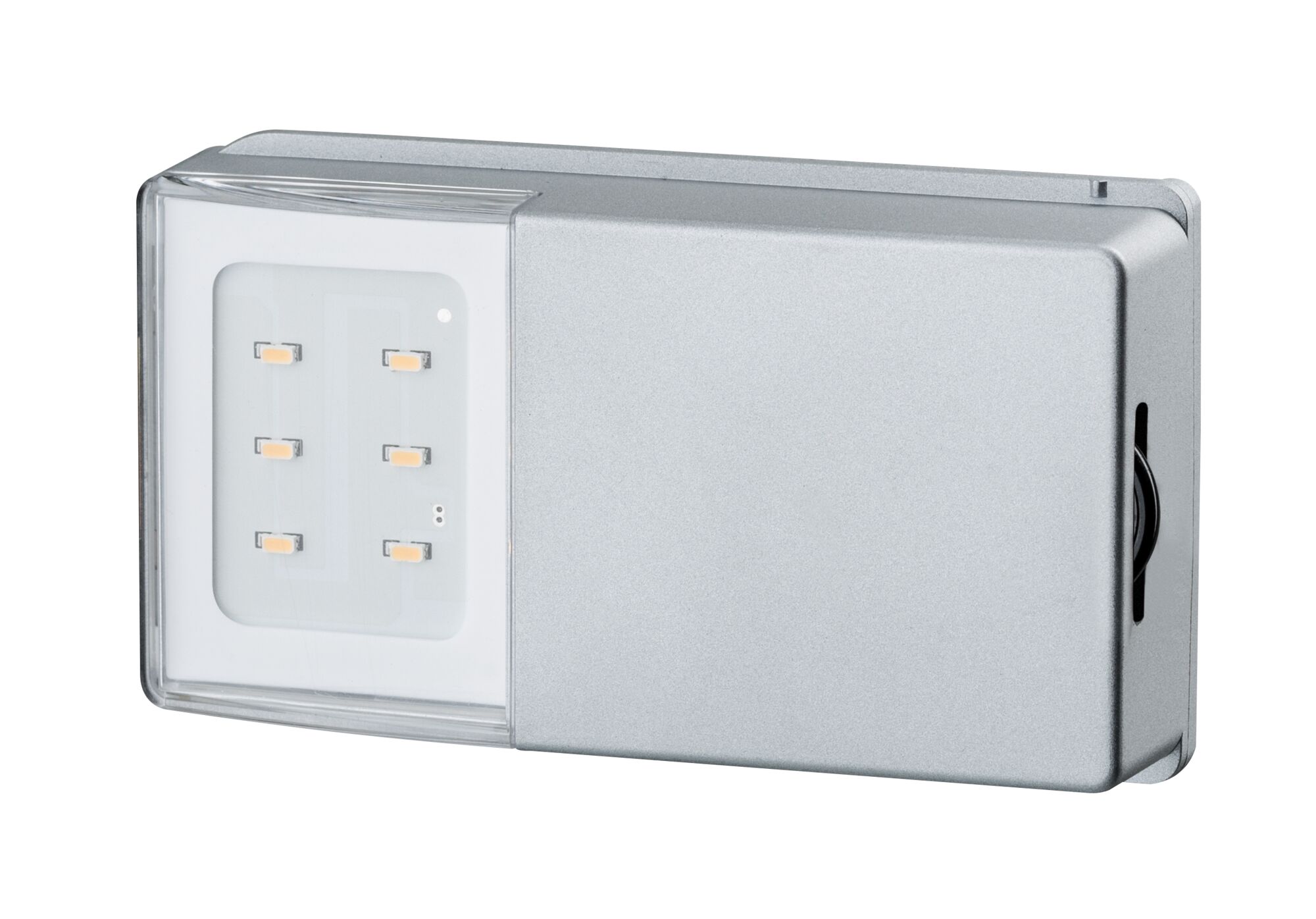 Rechthoekige LED-wandlamp van zilverkleurig metaal met zes warmwitte LED's voor binnenverlichting