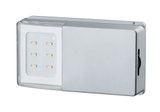 Rectangular silver metal LED wall light with six warm white LEDs for indoor lighting