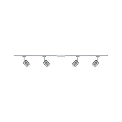 Four-light LED track with adjustable grey glass shades and silver metal frame for modern home lighting.