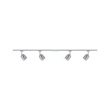 Rail LED à quatre lampes avec abat-jours en verre gris réglables et cadre métallique argenté pour intérieur.