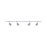 Rail LED à quatre lampes avec abat-jours en verre gris réglables et cadre métallique argenté pour intérieur.