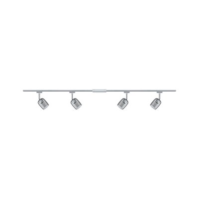 Rail LED à quatre lampes avec abat-jours en verre gris réglables et cadre métallique argenté pour intérieur.