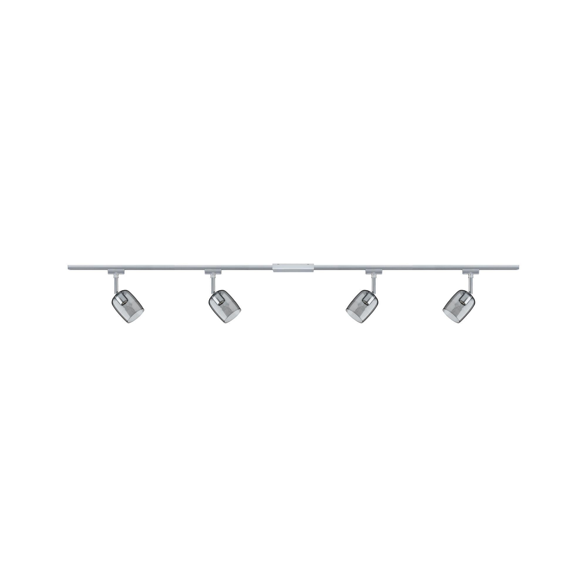 Modern ceiling light with four adjustable grey glass shades and aluminium rail for living spaces