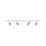 Modern ceiling light with four adjustable grey glass shades and aluminium rail for living spaces