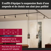 Suspension noire moderne avec abat-jour en verre dans un salon avec tableau et meubles