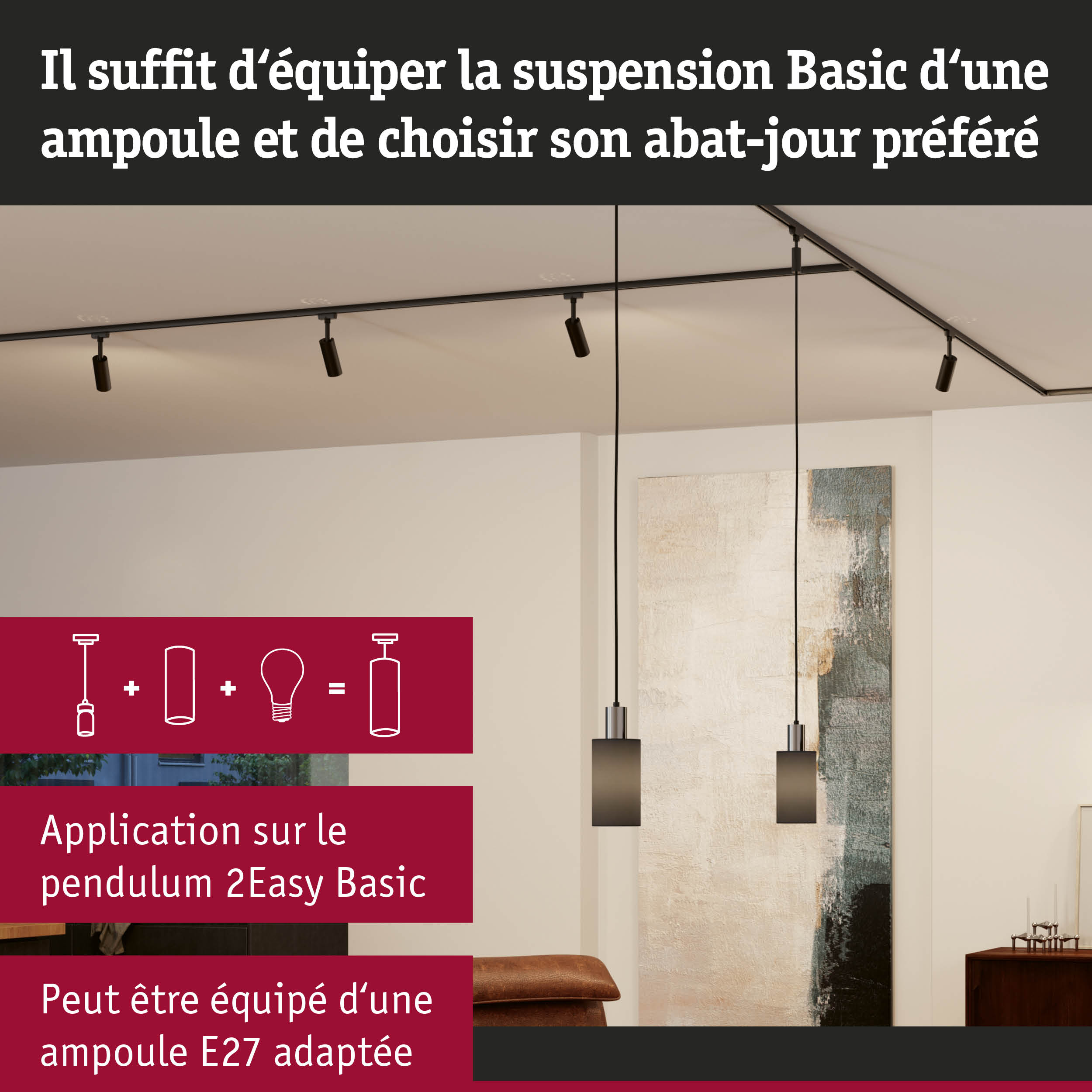 Suspension noire moderne avec abat-jour en verre dans un salon avec tableau et meubles