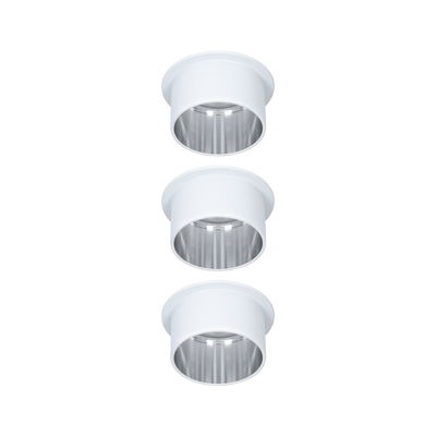 Drei weiße Einbaustrahler aus Metall mit silbernem Reflektor für moderne LED-Beleuchtung