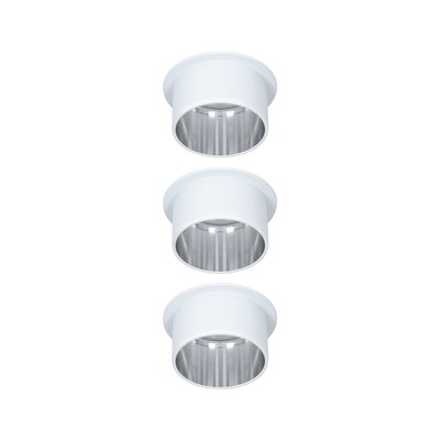Three white metal recessed spotlights with silver reflector for modern LED lighting